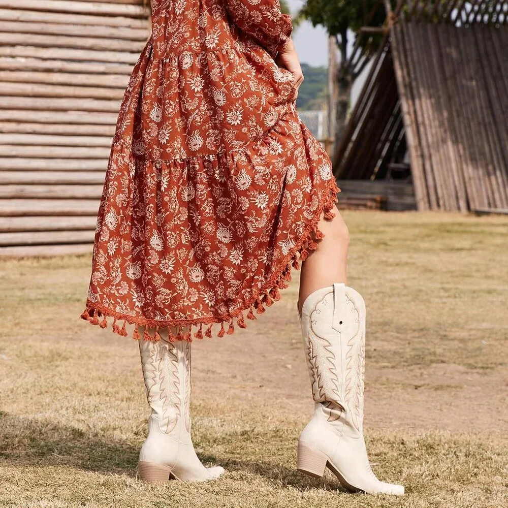 Women Beige Knee High Cowgirl Boots Retro Embroidered Chunky Heels Pointed - Picture 3 of 6
